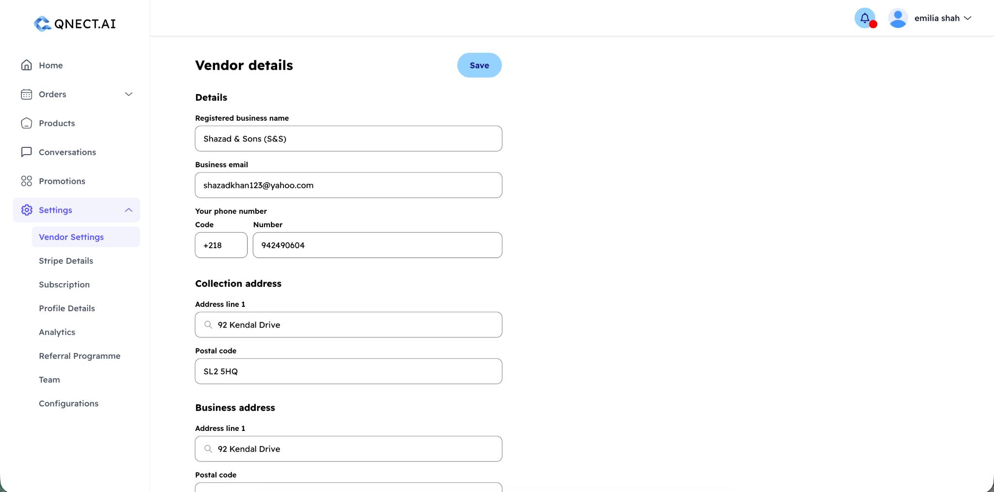 Vendor details page in the Qnect dashboard