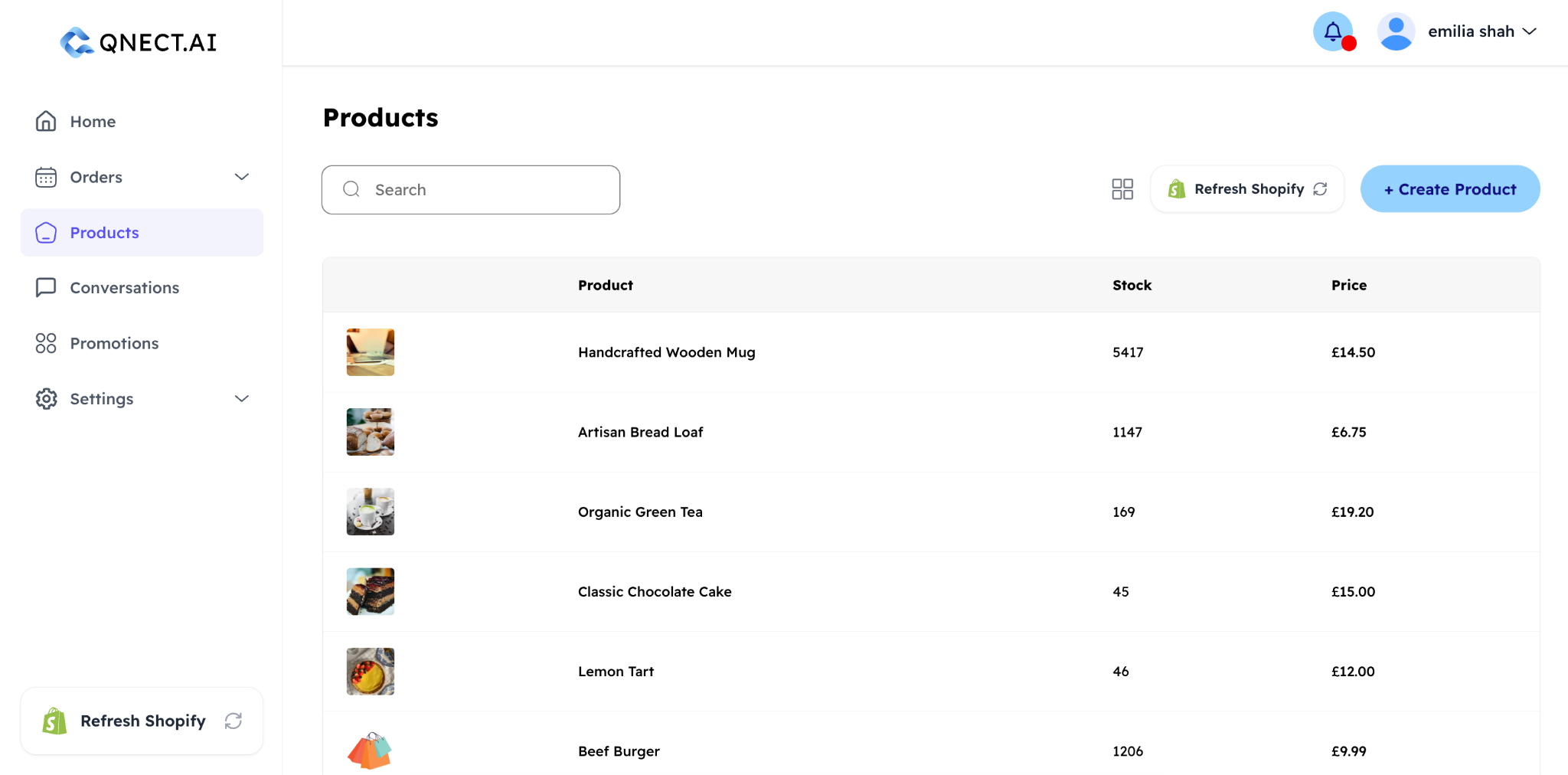 Products list in the Qnect dashboard