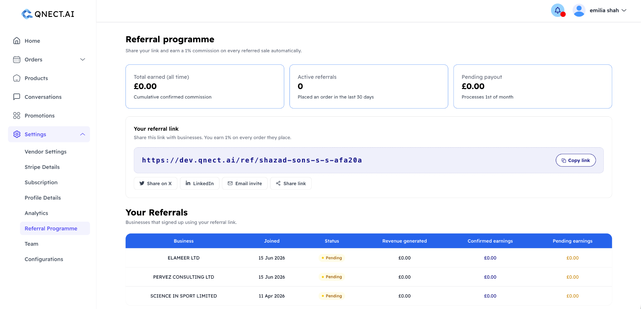 Referral Programme dashboard in Qnect
