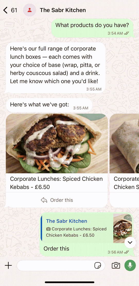 WhatsApp conversation where a customer asks what products are available and swipes through product cards with photos, prices and an Order this button