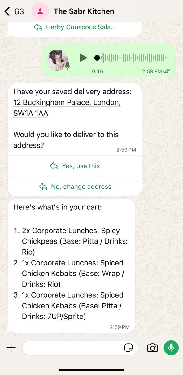 WhatsApp conversation where a customer's voice note is turned into a cart with the order items